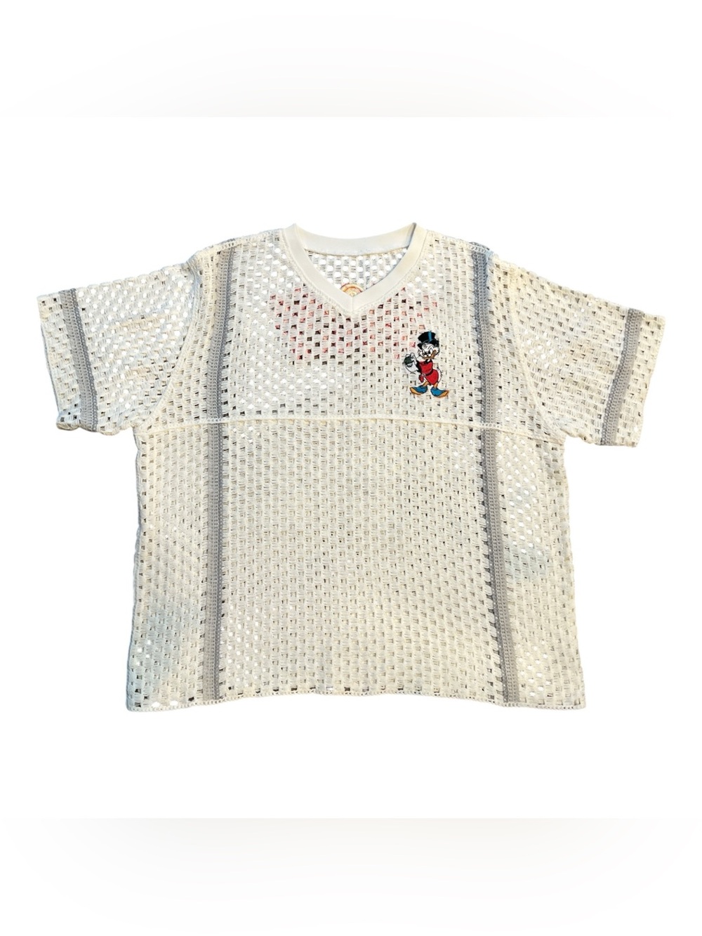 Disney Scrooge McDuck Open Knit Sweater Top White Embroidered Oversized